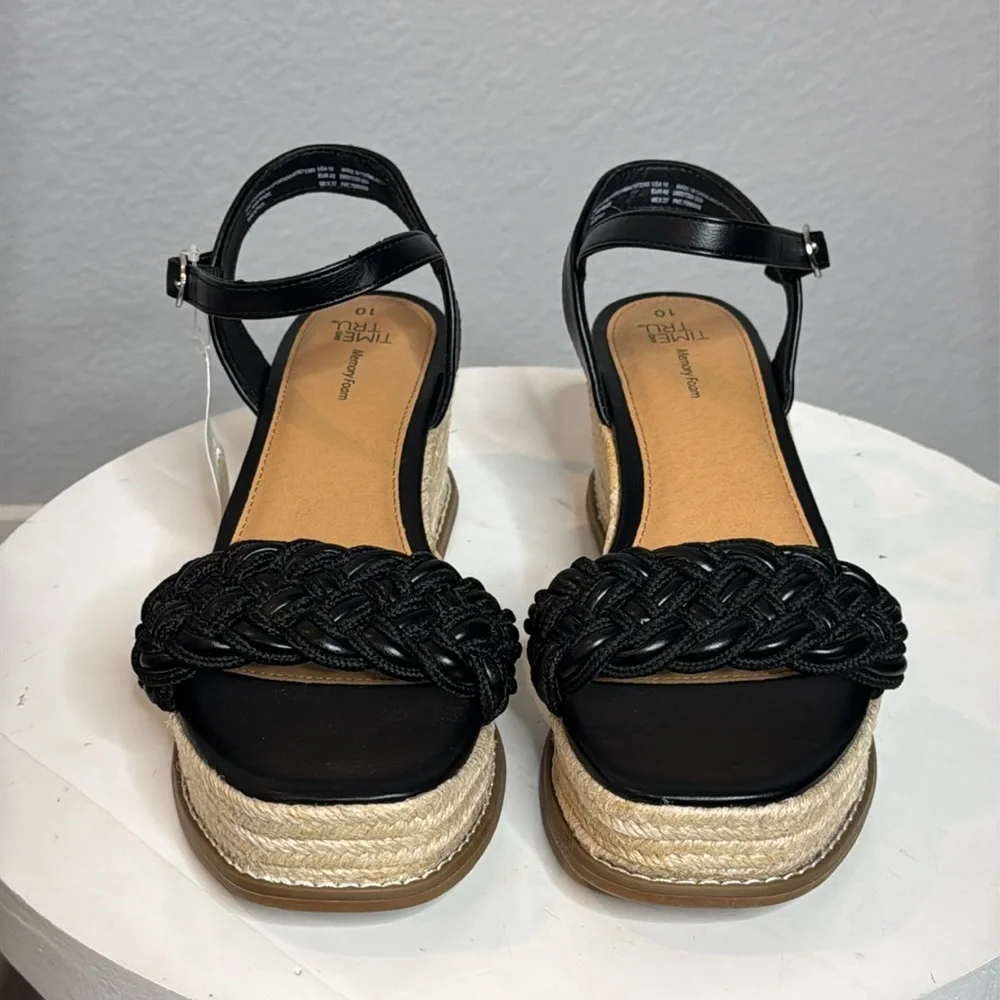 TIME AND TRU WOMENS BLACK BRAIDED ANKLE STRAP ESPADRILLE PLATFORM WEDGES **NWT**